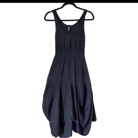 Inizio Dresses & Skirts - Inizio Italy Black 100% Linen Lagenlook Bubble Hem Midi Dress Womens S Art  Wear